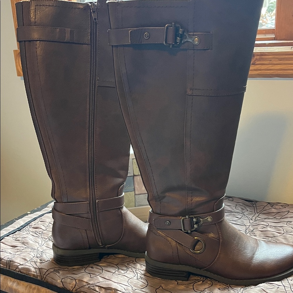 Women's Tall Brown Buckle Riding Boots with Side Zip